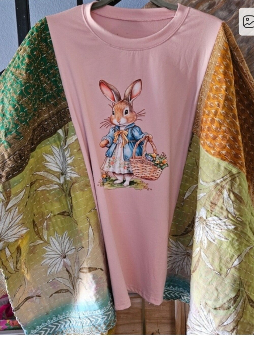 Pink Rabbit Graphic T-Shirt with Multicolor Kantha Sleeves- Easter